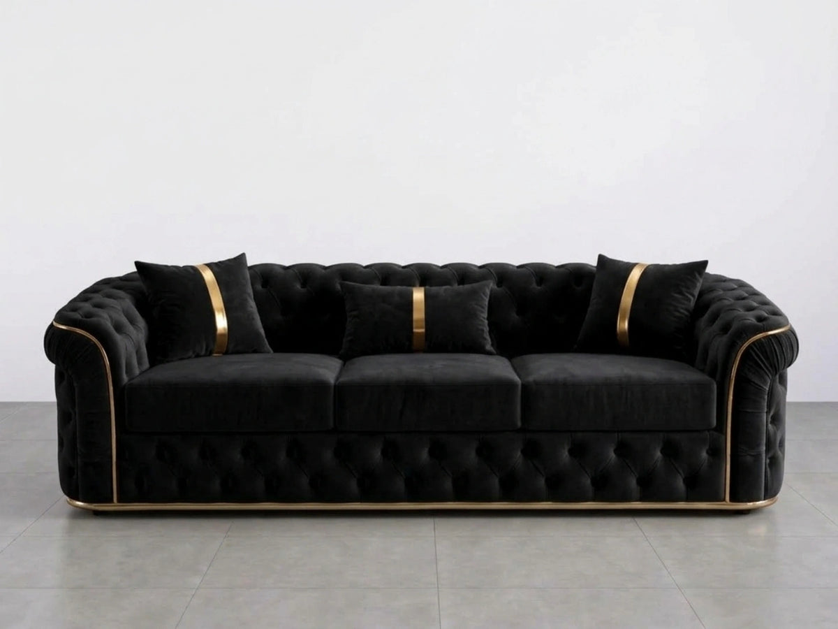 Black Chesterfield sofa set by Gamzo Outlet featuring a stylish 3-seater with button-tufted upholstery and rolled arms.