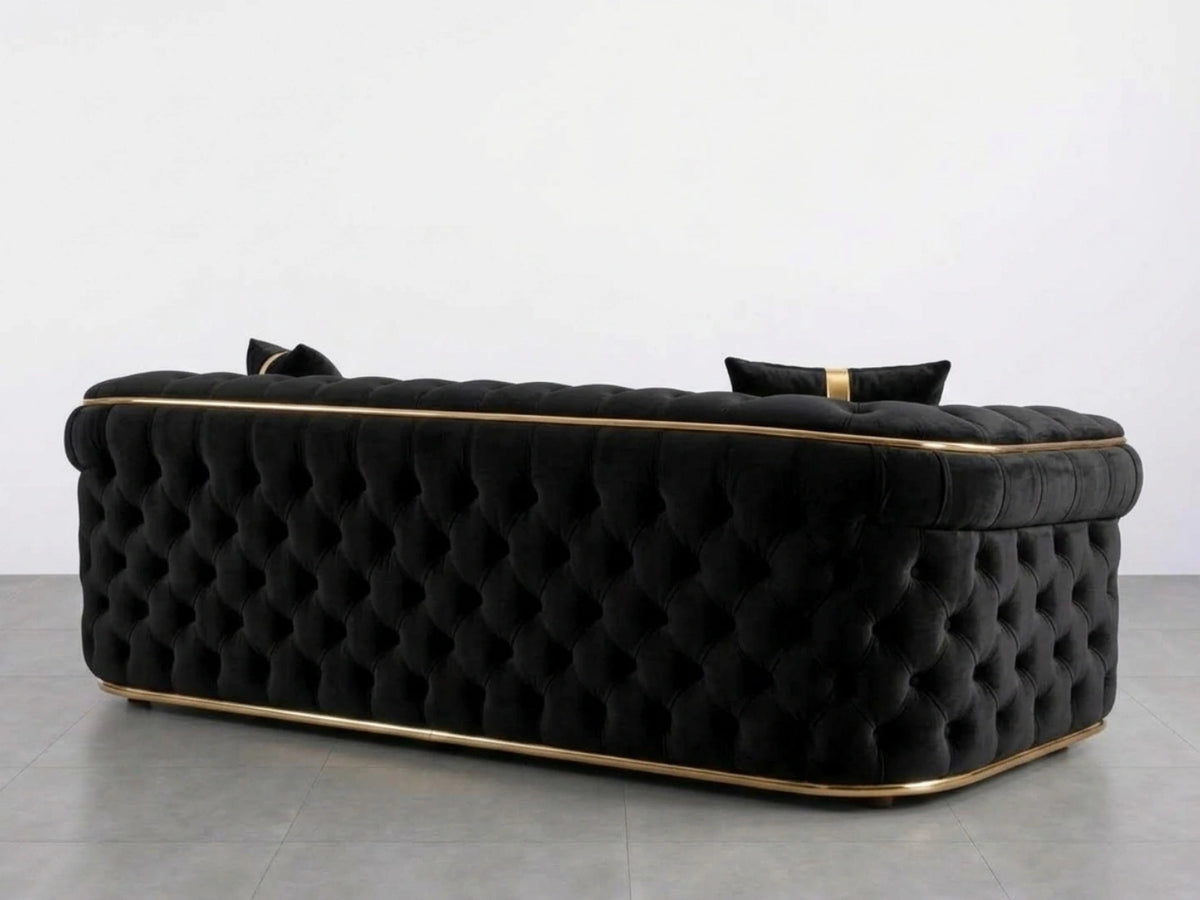 Black Chesterfield sofa set with three plush seats, classic design, and tufted upholstery from Gamzo Outlet.