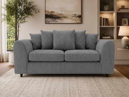 Charcoal grey 3-seater sofa from Gamzo Outlet with jumbo cord fabric, featuring a scatter back design for a modern living room.