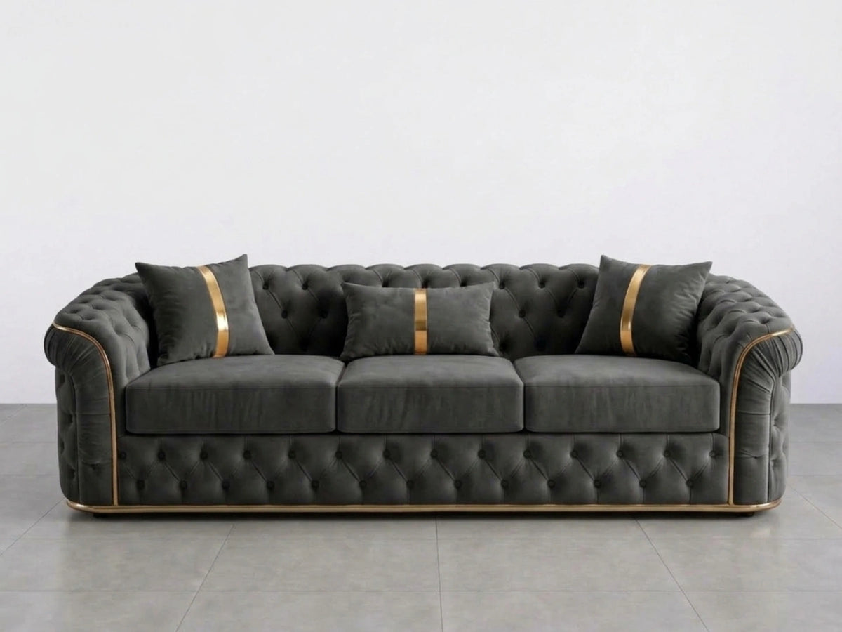 Dark grey Gamzo Outlet Chesterfield sofa set with a three-seater design, featuring plush upholstery and classic tufted details.