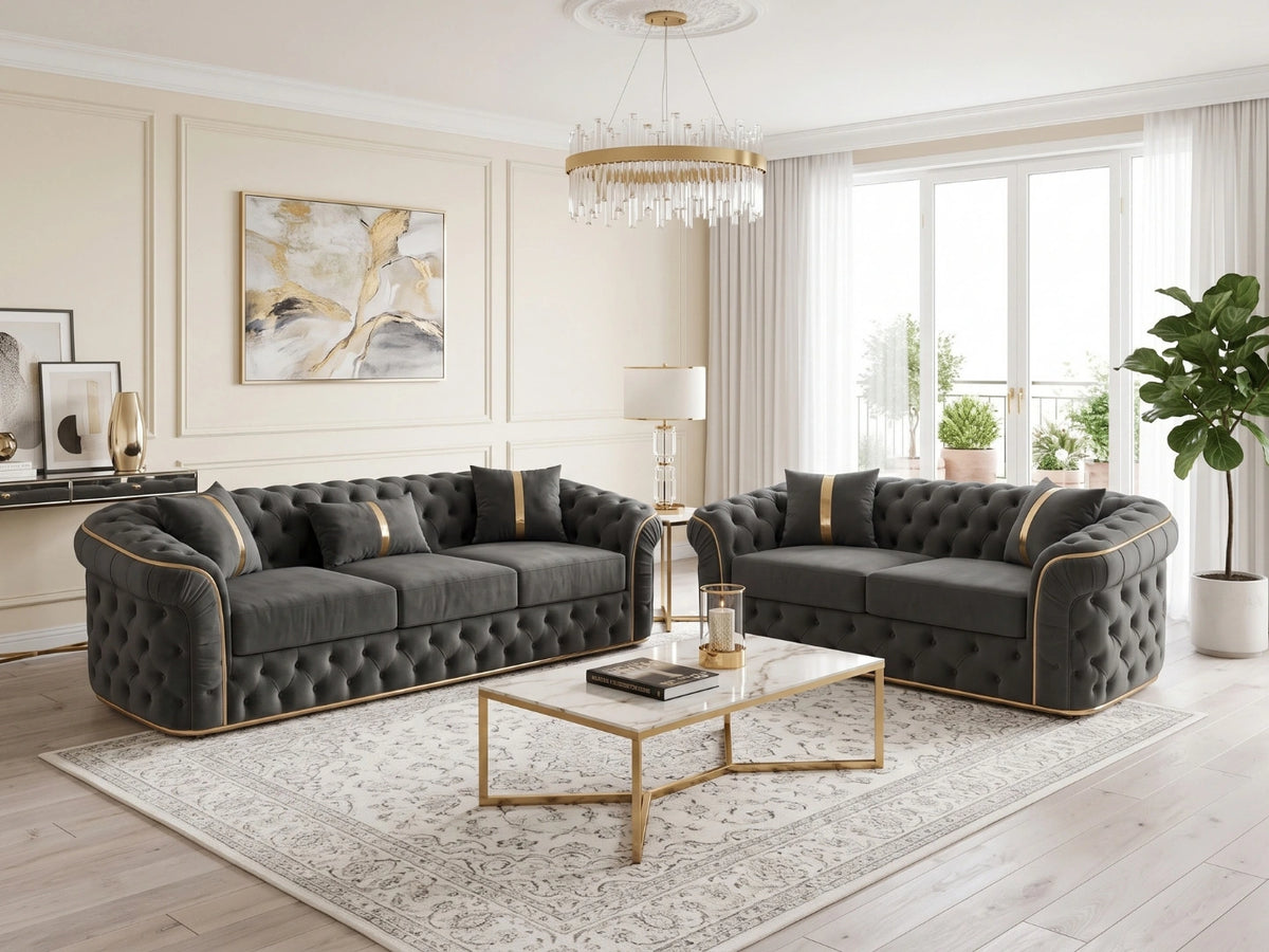 Dark grey Gamzo Outlet Chesterfield sofa set with a three-seater design, featuring classic button-tufted upholstery and rolled arms.
