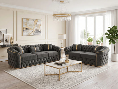 Dark grey Gamzo Outlet Chesterfield sofa set with a three-seater design, featuring classic button-tufted upholstery and rolled arms.