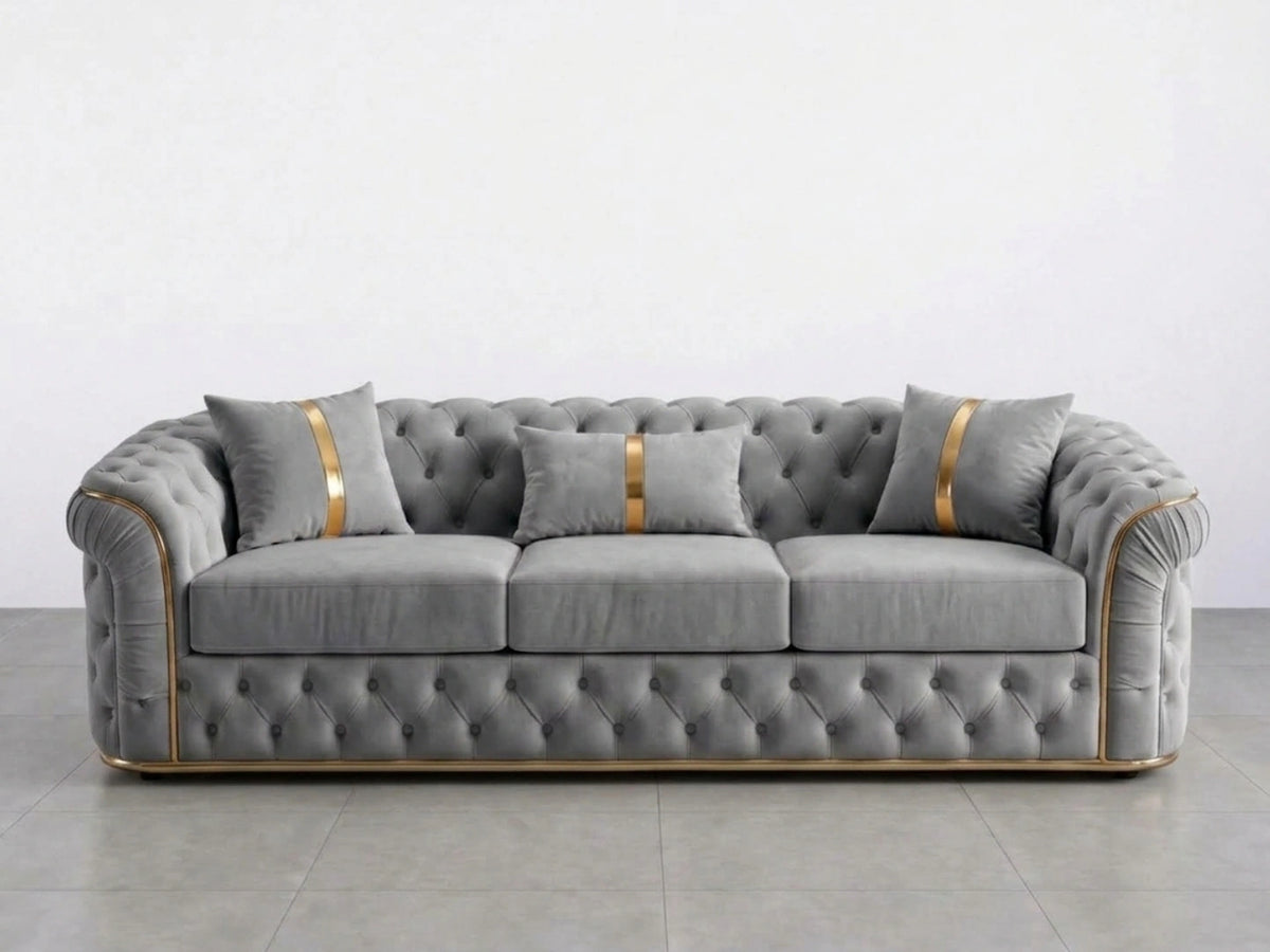 Light grey Gamzo Outlet Chesterfield sofa set with a 3-seater design, featuring tufted upholstery and classic rolled arms.