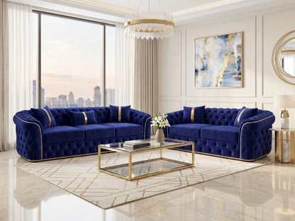 Midnight blue Chesterfield sofa set by Gamzo Outlet, featuring a classic 3-seater design with tufted leather upholstery.