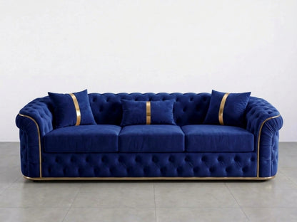 Midnight blue Chesterfield sofa set by Gamzo Outlet, featuring a plush 3-seater with tufted upholstery and rolled arms.