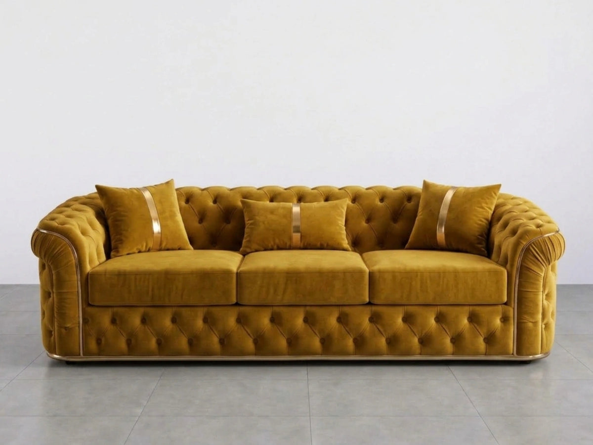 Gamzo Outlet 3-seater Chesterfield sofa set in vibrant mustard color with tufted upholstery and rolled arms.