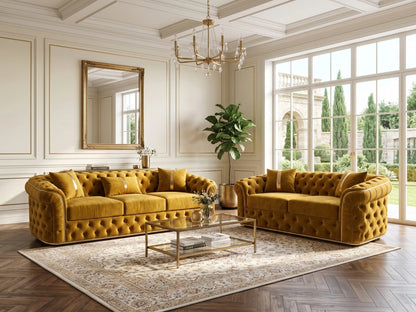 Gamzo Outlet Chesterfield sofa set with a three-seater mustard-colored leather upholstery and classic tufted design.
