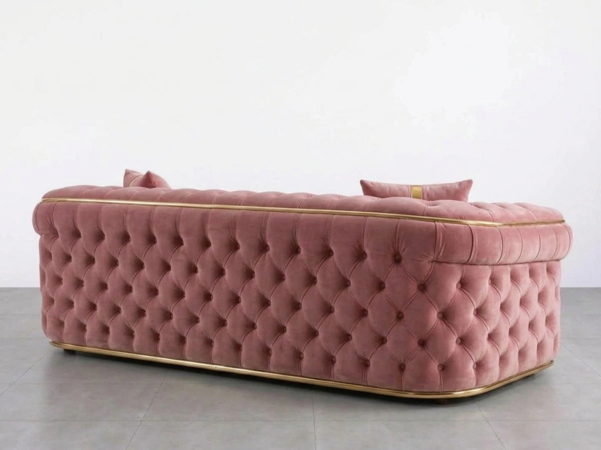 Pink Chesterfield sofa set with 3-seater design and button-tufted upholstery by Gamzo Outlet.