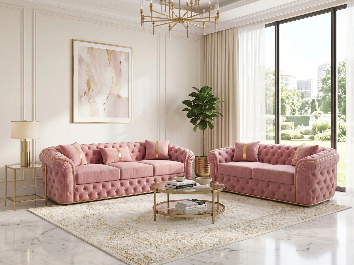 Pink Chesterfield sofa set with tufted upholstery and rolled arms, three-seater design from Gamzo Outlet.