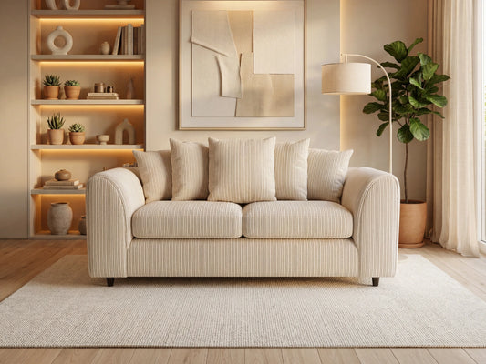 Cream Jumbo Cord fabric 3-seater sofa from Gamzo Outlet with scatter back cushions, modern and comfortable living room furniture.