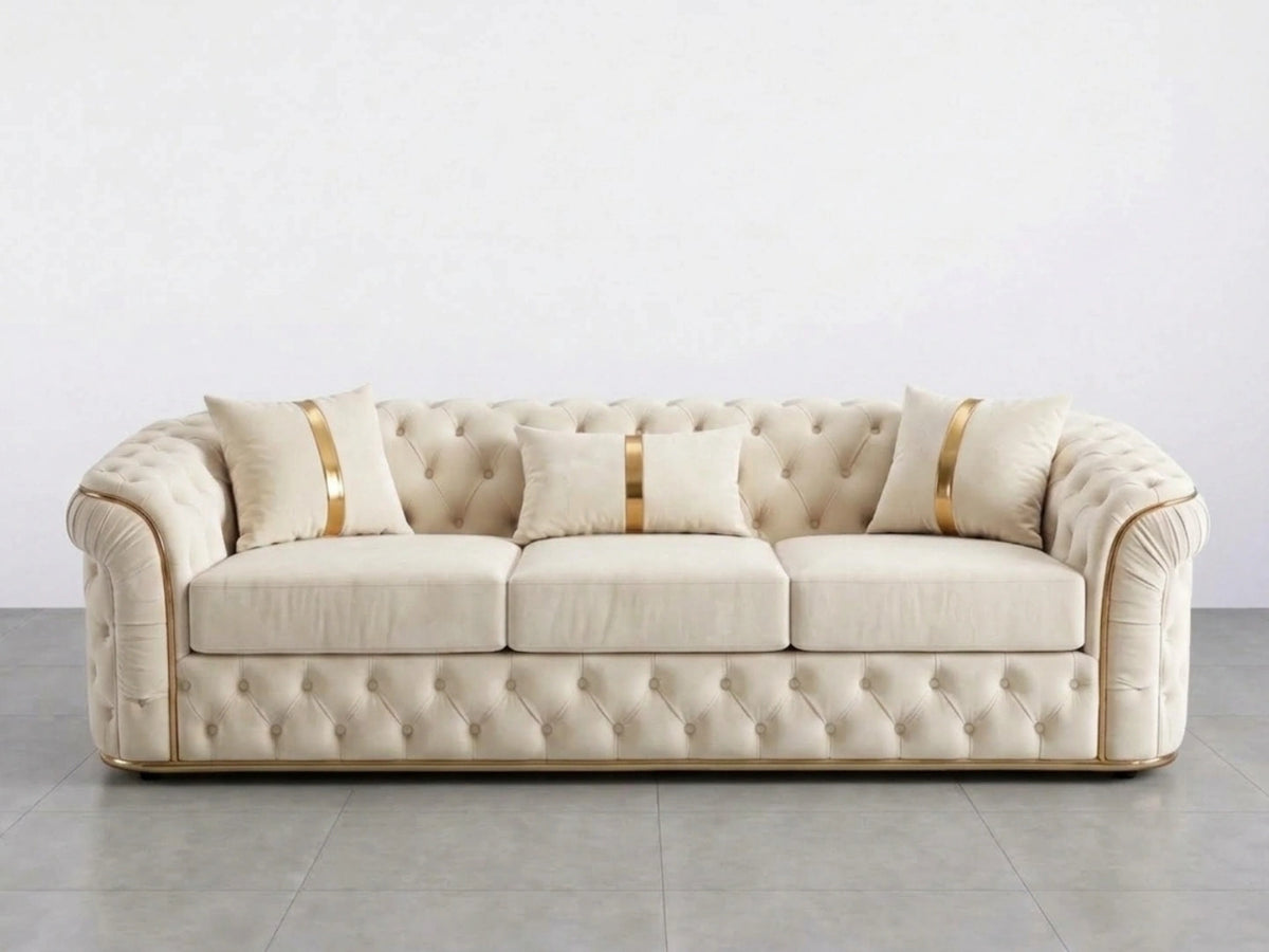 Cream Chesterfield sofa set with three-seater design, featuring tufted upholstery and rolled arms, by Gamzo Outlet.