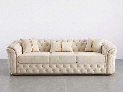Cream Chesterfield sofa set with three-seater design, featuring tufted upholstery and rolled arms, by Gamzo Outlet.