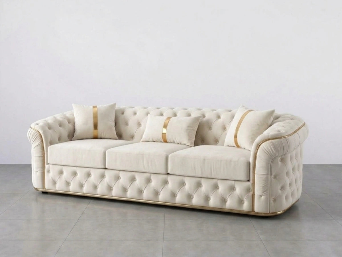 Cream Chesterfield sofa set with a 3-seater design, featuring tufted upholstery and rolled arms, from Gamzo Outlet.