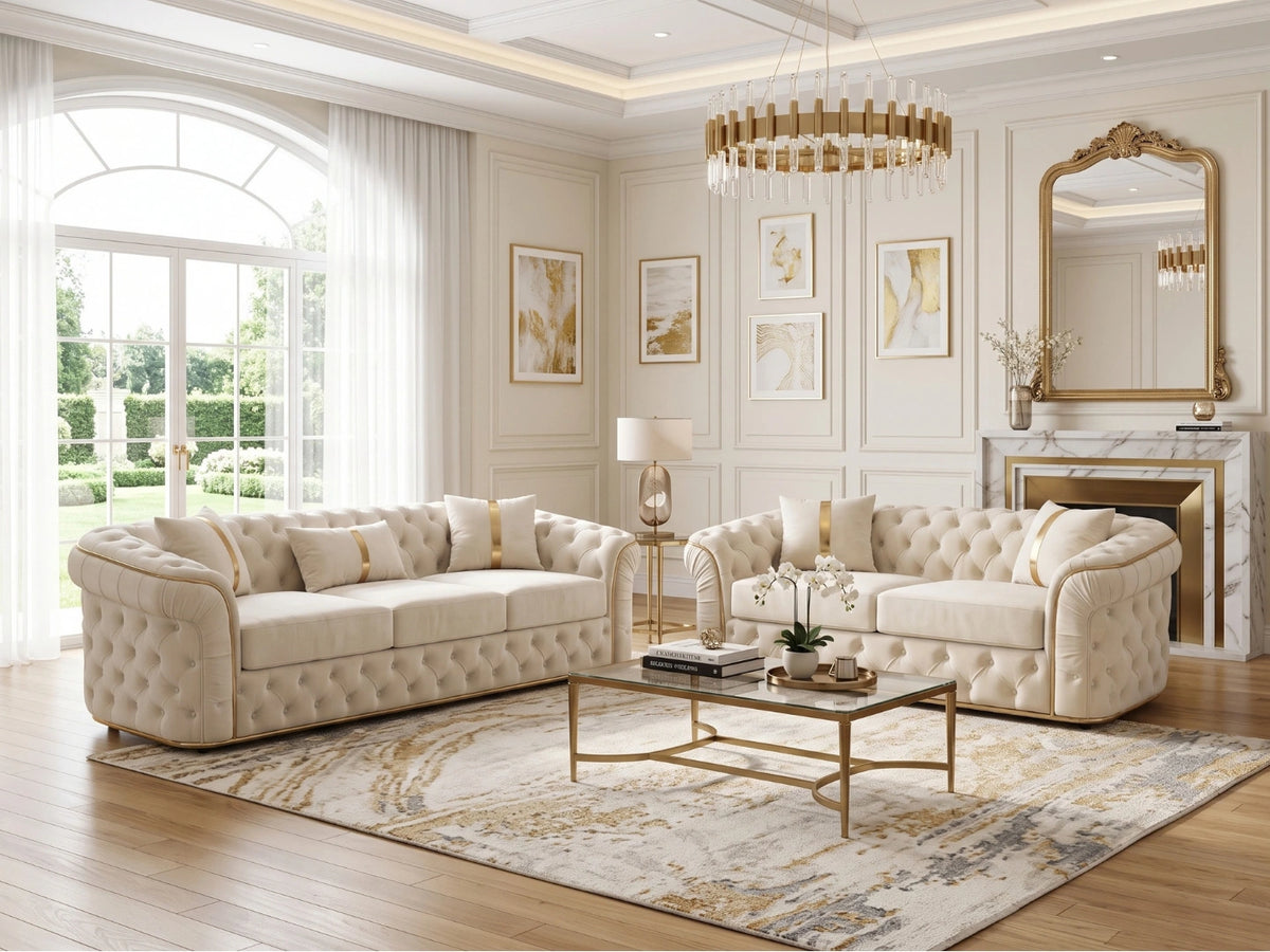 Cream Chesterfield sofa set with a 3-seater design, featuring classic button-tufted upholstery and rolled arms by Gamzo Outlet.