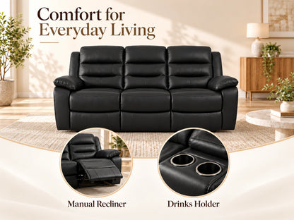 Black Model R recliner sofa from Gamzo Outlet featuring plush cushions and a modern 3-seater design.