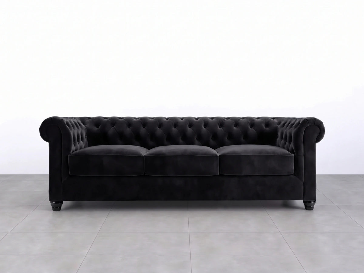 Gamzo Outlet Chesterfield plush velvet fabric sofa set featuring a stylish black 2-seater sofa with elegant tufted design.