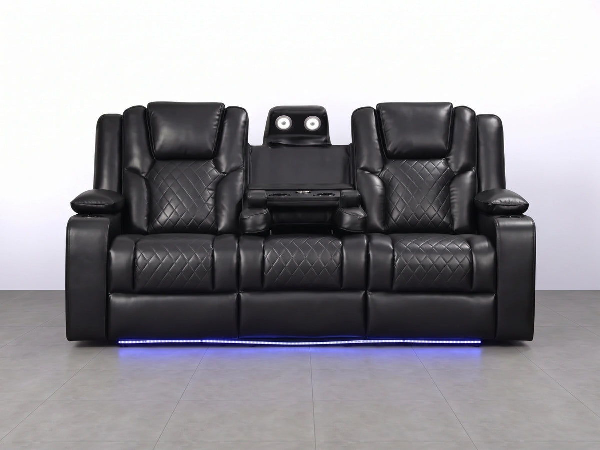 Black Model O electric 3-seater recliner sofa by Gamzo Outlet with plush cushions and modern design.