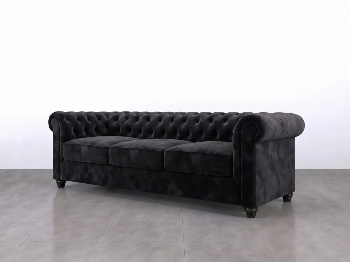 Black Gamzo Outlet Chesterfield plush velvet fabric sofa set, 3-seater with elegant tufted design and rolled arms.