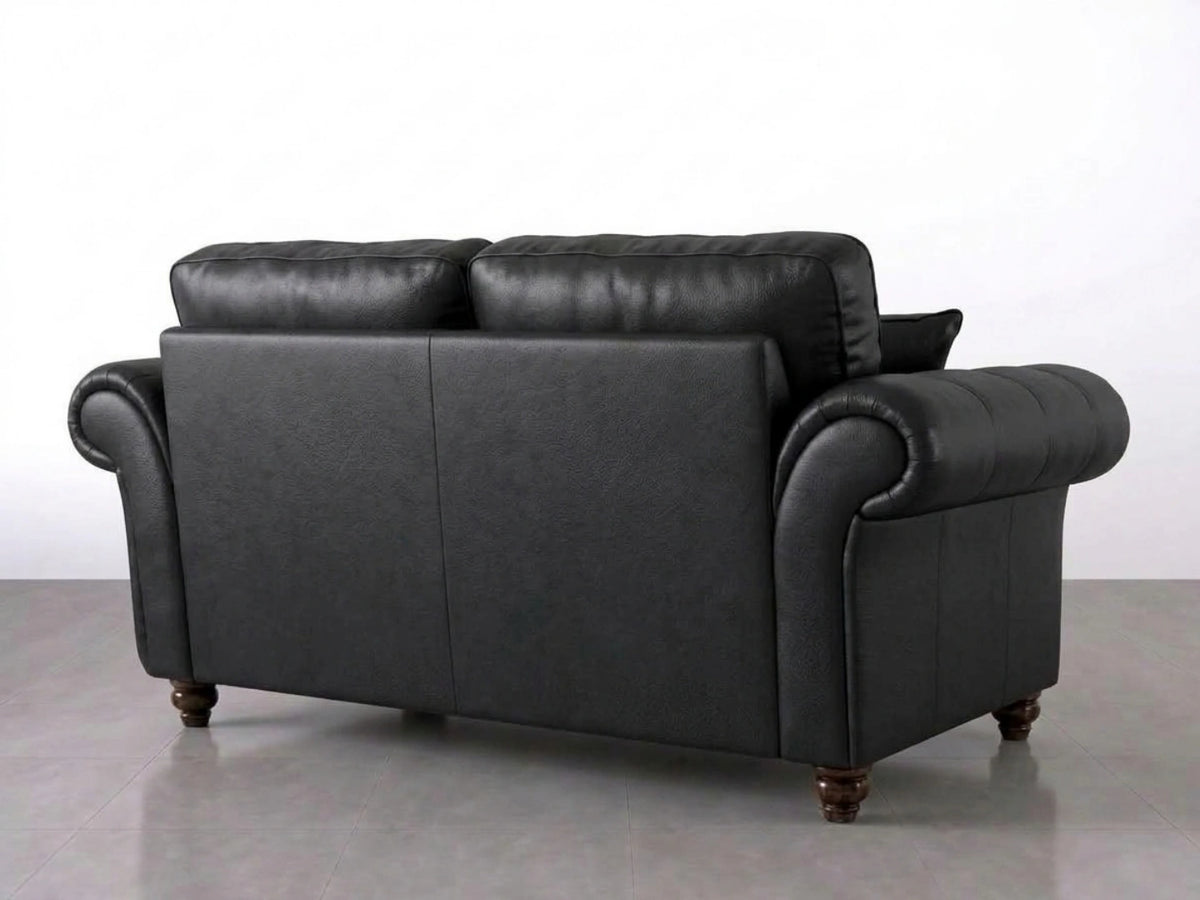 Black leather Gamzo Outlet Oakland full back sofa set with two-seater sofa showing plush cushions and sleek design.