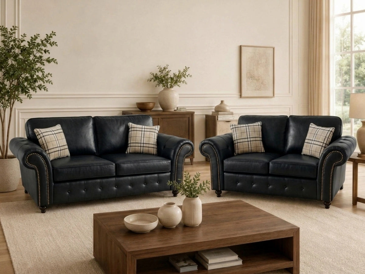 Black leather 3-seater sofa from Gamzo Outlet Oakland full back leather sofa set, showing plush cushioning and stylish design.
