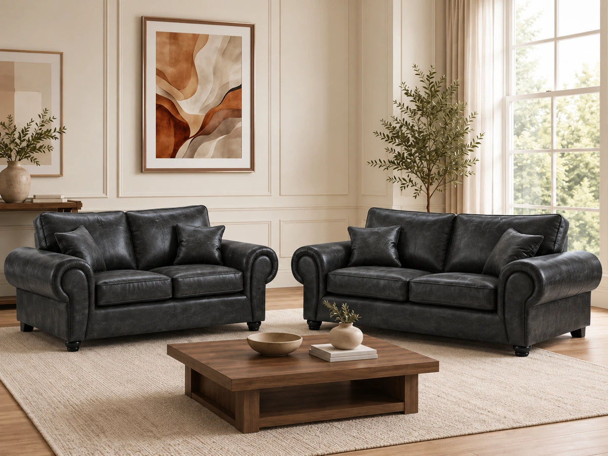 Black leather 3-seater sofa from Gamzo Outlet's Wilcot full back leather sofa set, with plush cushions and sleek design.