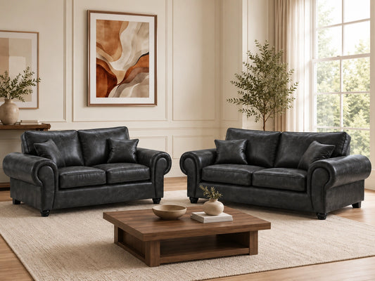 Black leather 3-seater sofa from Gamzo Outlet's Wilcot full back leather sofa set, with plush cushions and sleek design.