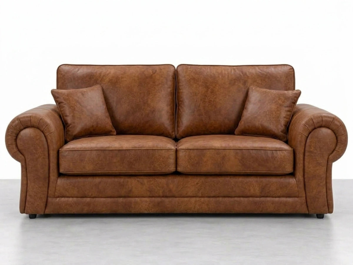 Brown Wilcot full back leather sofa set featuring a two-seater with plush cushions and sturdy wooden legs.
