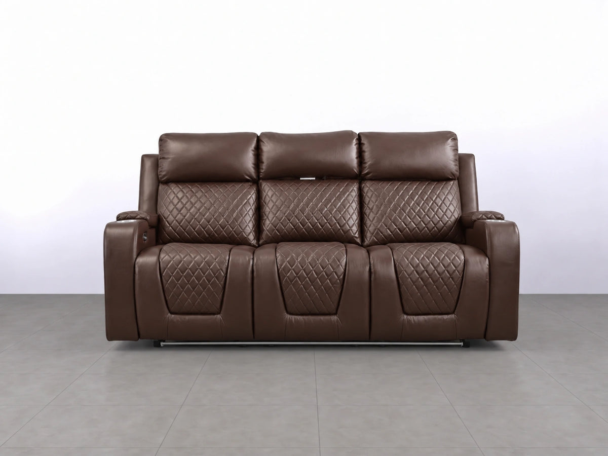 Brown Model B electric 3-seater recliner sofa by Gamzo Outlet with plush cushions and reclining features.