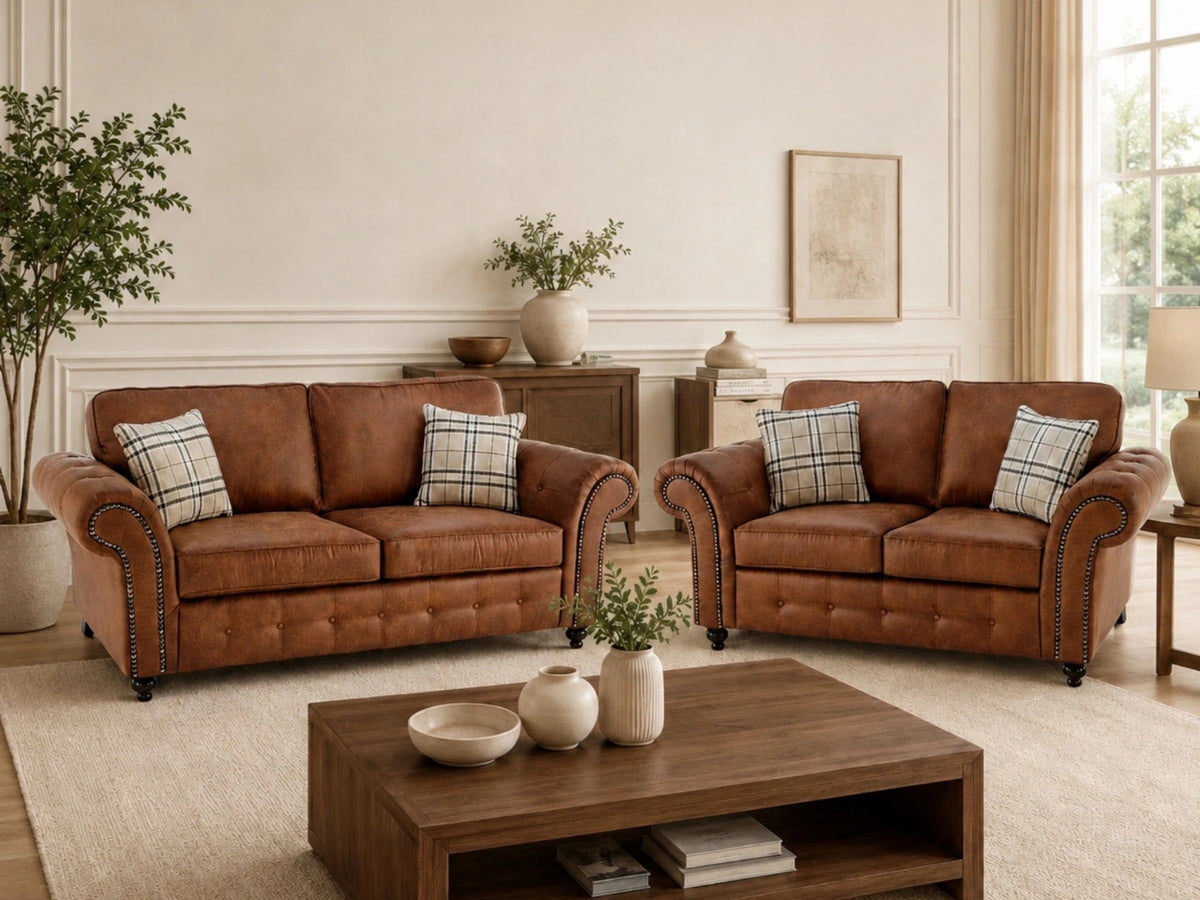 Brown leather 3-seater sofa from Gamzo Outlet Oakland full back leather sofa set, showing plush cushions and elegant design.
