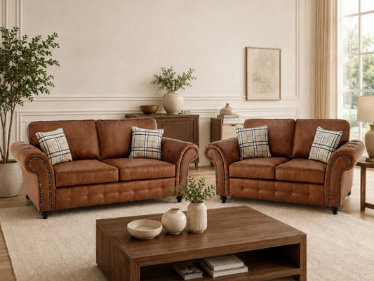 Brown leather 3-seater sofa from Gamzo Outlet Oakland full back leather sofa set, showing plush cushions and elegant design.