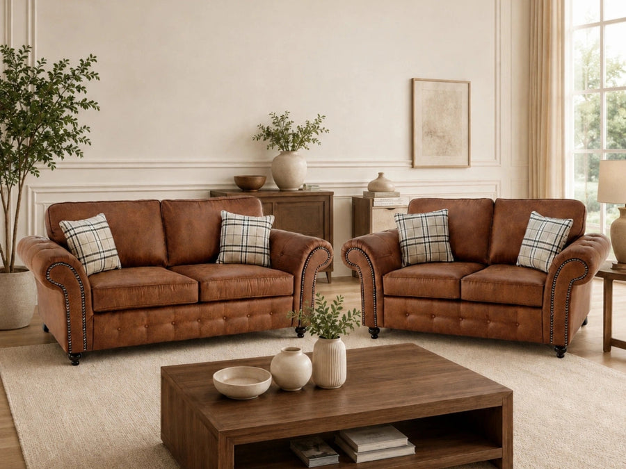 Brown leather 3-seater sofa from Gamzo Outlet Oakland full back leather sofa set, showing plush cushions and elegant design.