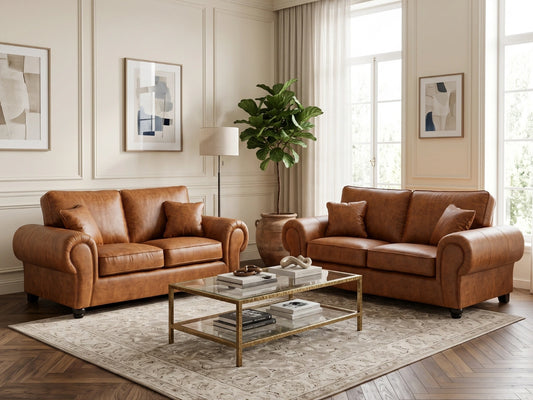 Brown Gamzo Outlet Wilcot full back leather sofa set with two-seater design and plush cushions, ideal for modern living rooms.