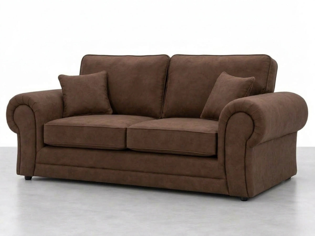 Chocolate brown leather 3-seater sofa from Gamzo Outlet's Wilcot full back leather sofa set, showcasing plush cushioning and sleek design.