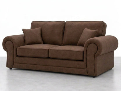 Chocolate brown leather 3-seater sofa from Gamzo Outlet's Wilcot full back leather sofa set, showcasing plush cushioning and sleek design.