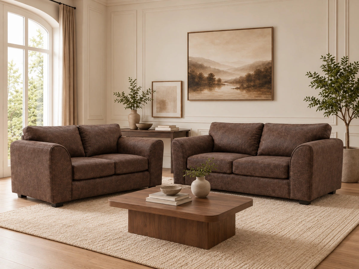 Chocolate brown Dillon full back leather sofa set featuring a 3-seater sofa with plush cushioning and sleek design by Gamzo Outlet.