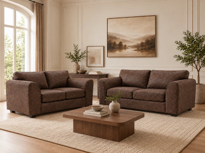 Chocolate brown Dillon full back leather sofa set featuring a 3-seater sofa with plush cushioning and sleek design by Gamzo Outlet.