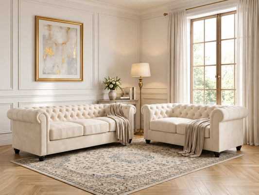 Chesterfield Plush Velvet Fabric Sofa Set
