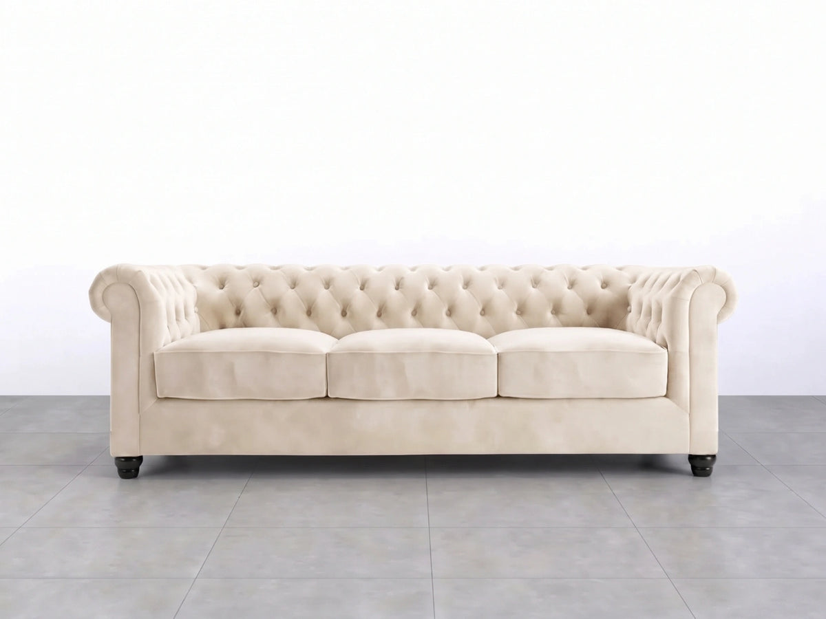 Cream plush velvet sofa set, two-seater style, with elegant cushions and a luxurious appearance, by Gamzo Outlet.