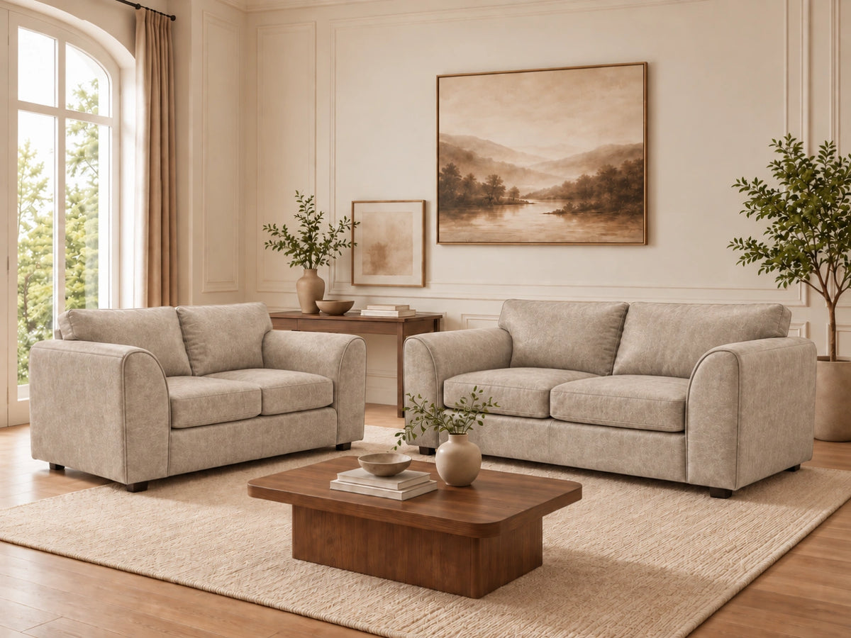 Cream Dillon full back leather sofa set featuring a 3-seater sofa with plush cushions and elegant design from Gamzo Outlet.