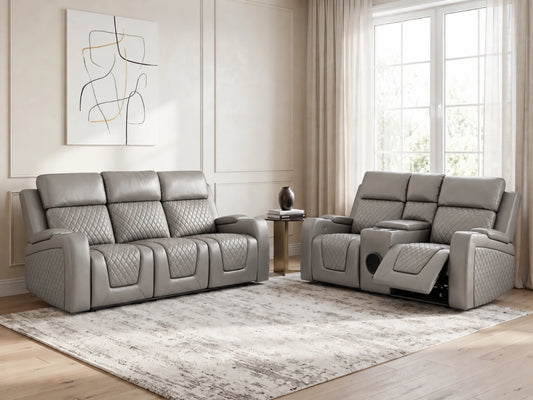 Grey Model B electric recliner sofa from Gamzo Outlet, 3-seater design with plush cushions and reclining feature.