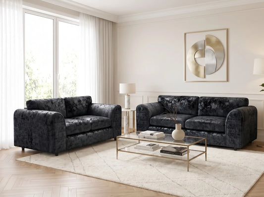 Midnight black crushed velvet 3-seater sofa set by Gamzo Outlet, showcasing plush, full back design and modern style.