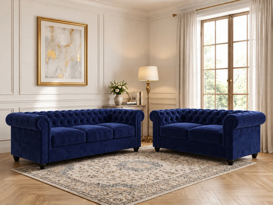 Chesterfield Plush Velvet Fabric Sofa Set