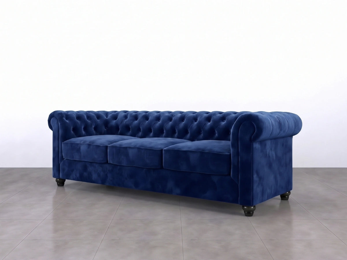 Midnight blue Chesterfield plush velvet fabric 3-seater sofa set by Gamzo Outlet with button-tufted back and rolled arms.