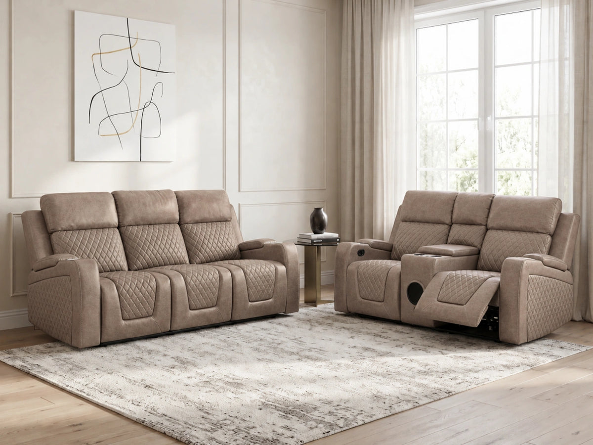 Mocha Model B electric recliner sofa from Gamzo Outlet featuring two comfortable seats and a modern design.