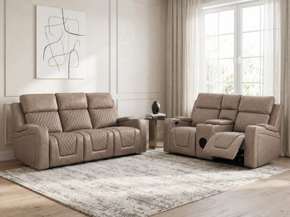 Mocha Model B electric recliner sofa from Gamzo Outlet featuring two comfortable seats and a modern design.