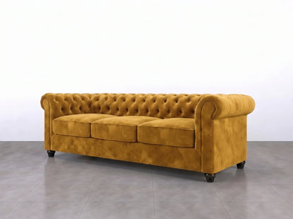 Gamzo Outlet Chesterfield plush velvet fabric sofa set with a mustard 3-seater sofa, showcasing luxurious upholstery and stylish design.