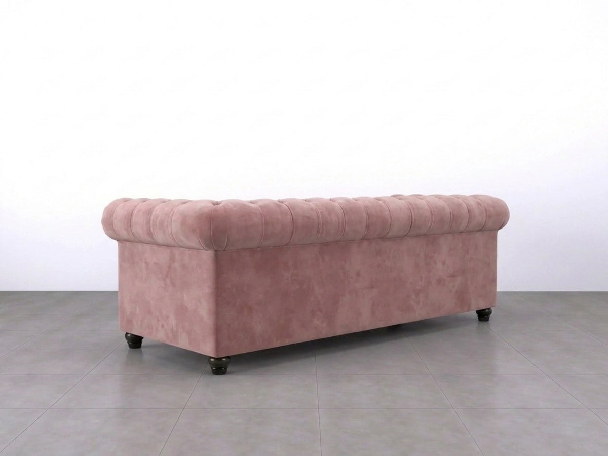 Pink Chesterfield plush velvet fabric 3-seater sofa from Gamzo Outlet with tufted back and rolled arms.