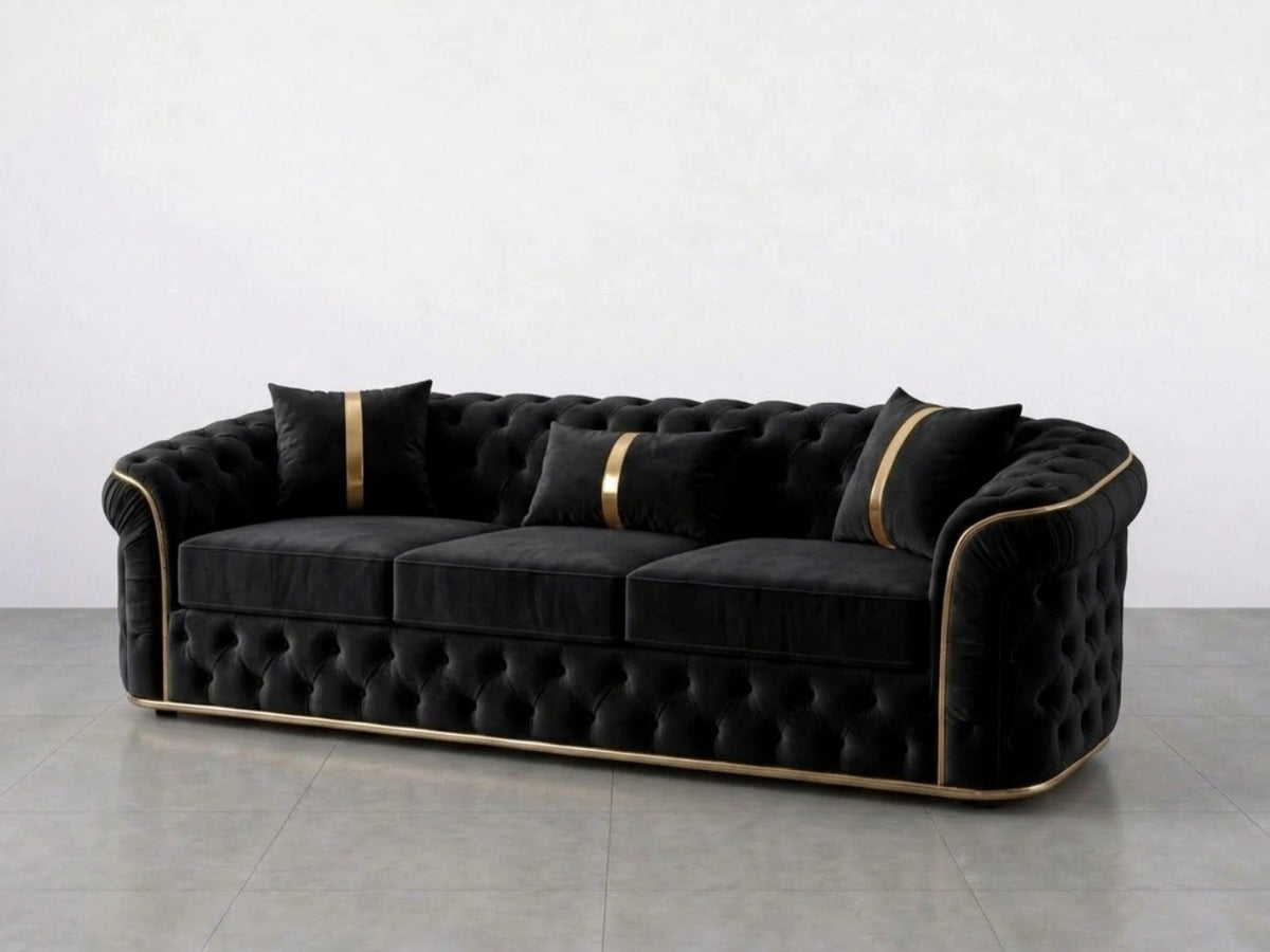 Black Gamzo Outlet Chesterfield sofa set with two 2-seater armchairs and elegant tufted design, perfect for stylish living rooms.