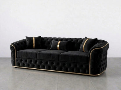 Black Gamzo Outlet Chesterfield sofa set with two 2-seater armchairs and elegant tufted design, perfect for stylish living rooms.