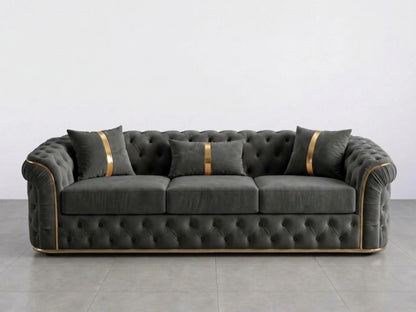Dark grey Gamzo Outlet Chesterfield sofa set with two-seater cushions and classic tufted design.